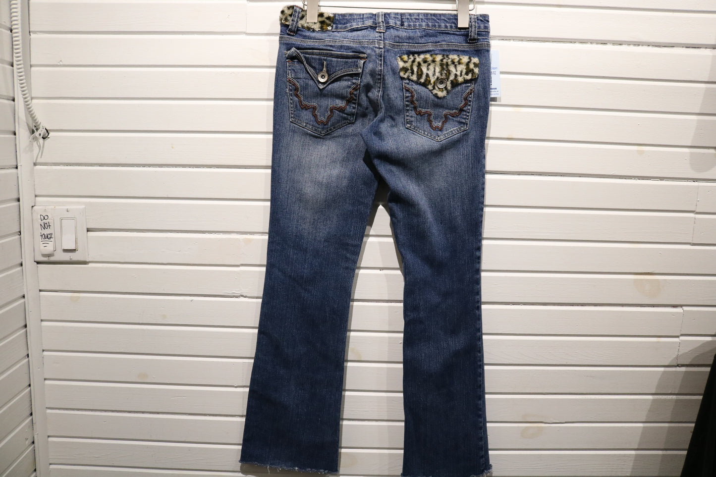 Farlow-Jeans Bootcut Denim Pants | Vintage 2000s Animal Print Pocket Western Jeans | Furry Trim Statement Bottoms