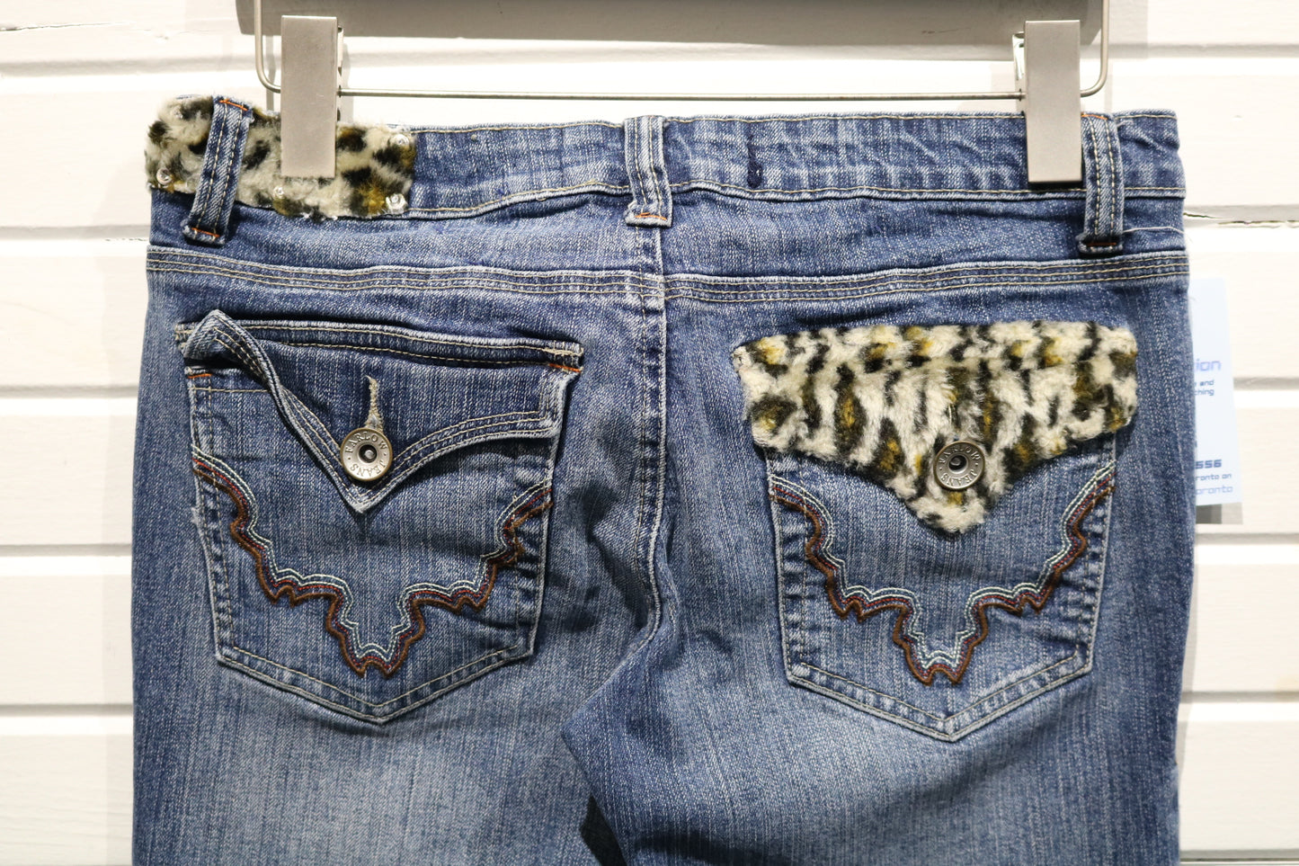 Farlow-Jeans Bootcut Denim Pants | Vintage 2000s Animal Print Pocket Western Jeans | Furry Trim Statement Bottoms