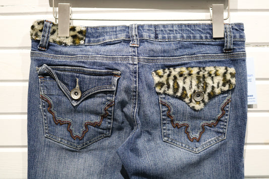 Farlow-Jeans Bootcut Denim Pants | Vintage 2000s Animal Print Pocket Western Jeans | Furry Trim Statement Bottoms