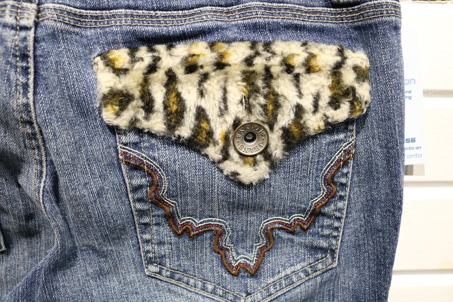 Farlow-Jeans Bootcut Denim Pants | Vintage 2000s Animal Print Pocket Western Jeans | Furry Trim Statement Bottoms