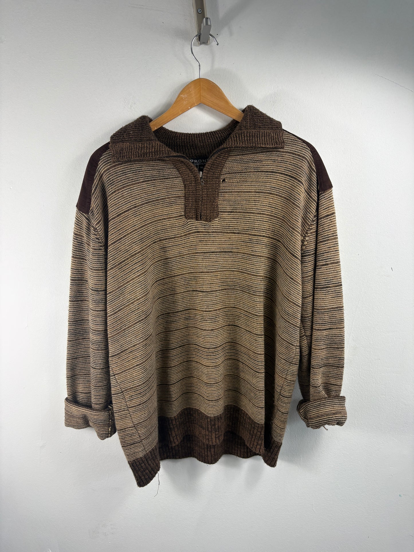 Pronti Collection By Phita Sweater | Vintage 90s Brown Half-Zip Knit Pullover | Striped Retro Knitwear