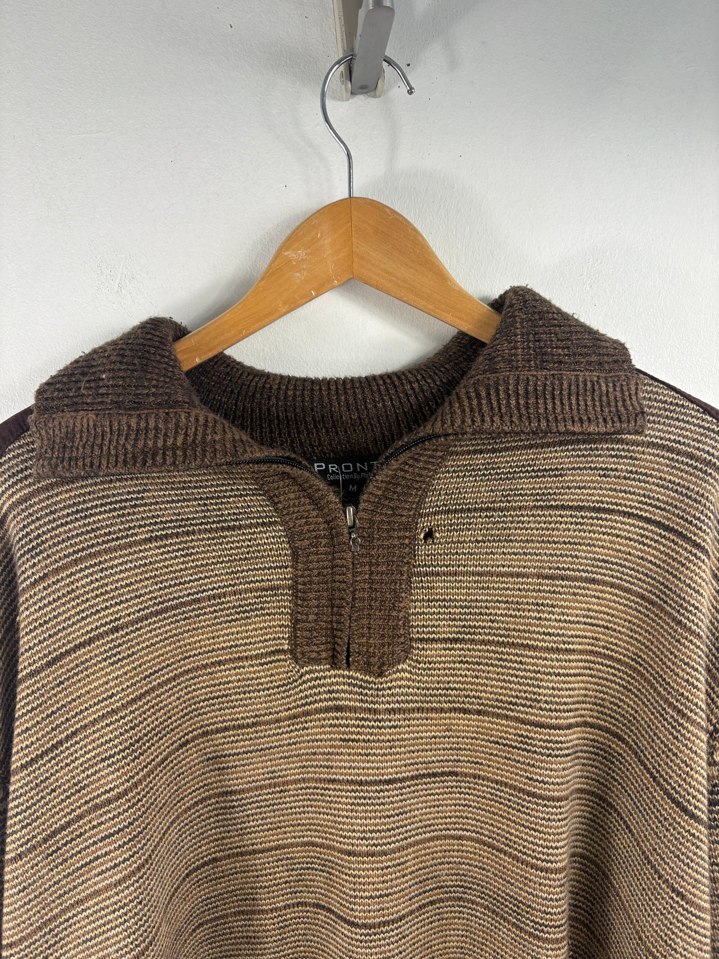 Pronti Collection By Phita Sweater | Vintage 90s Brown Half-Zip Knit Pullover | Striped Retro Knitwear