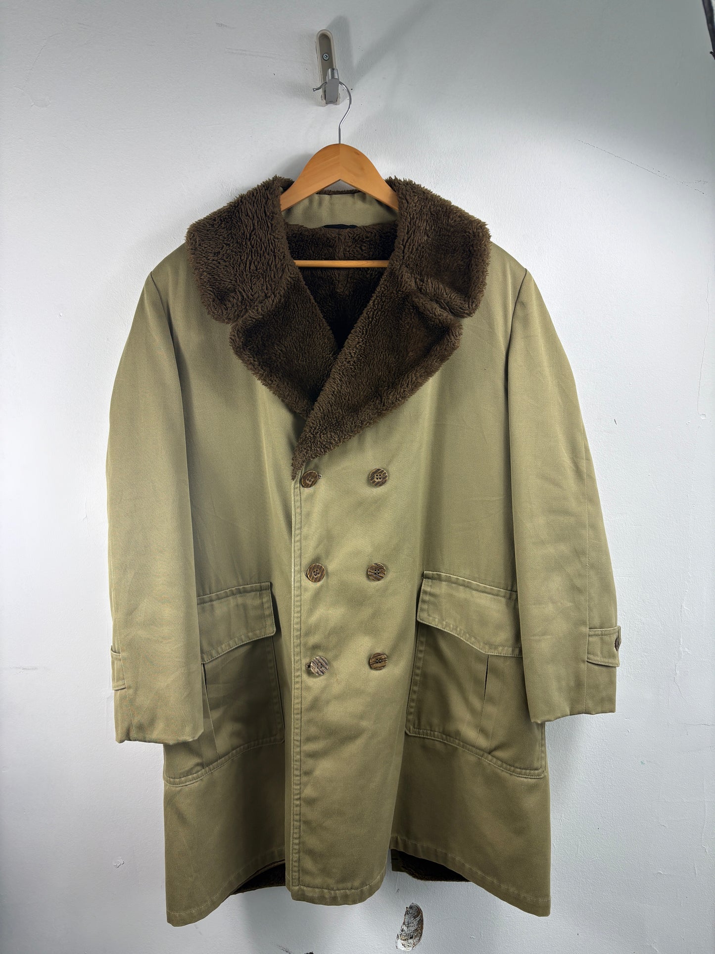 Marshall Field & Company Coat | Vintage 1950s Sherpa Collar Overcoat | Heavyweight Outdoor Wear | Olive + Brown