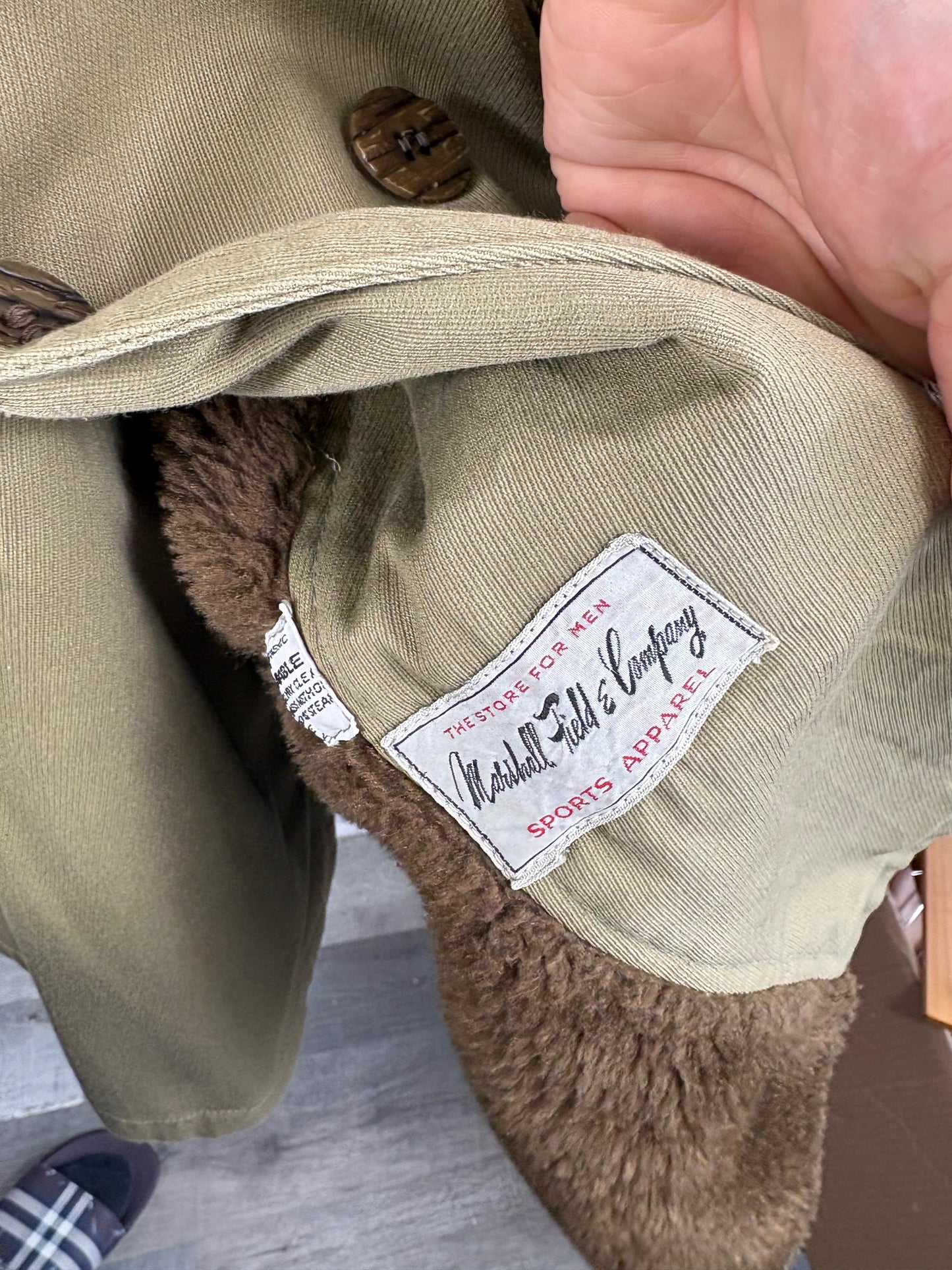 Marshall Field & Company Coat | Vintage 1950s Sherpa Collar Overcoat | Heavyweight Outdoor Wear | Olive + Brown
