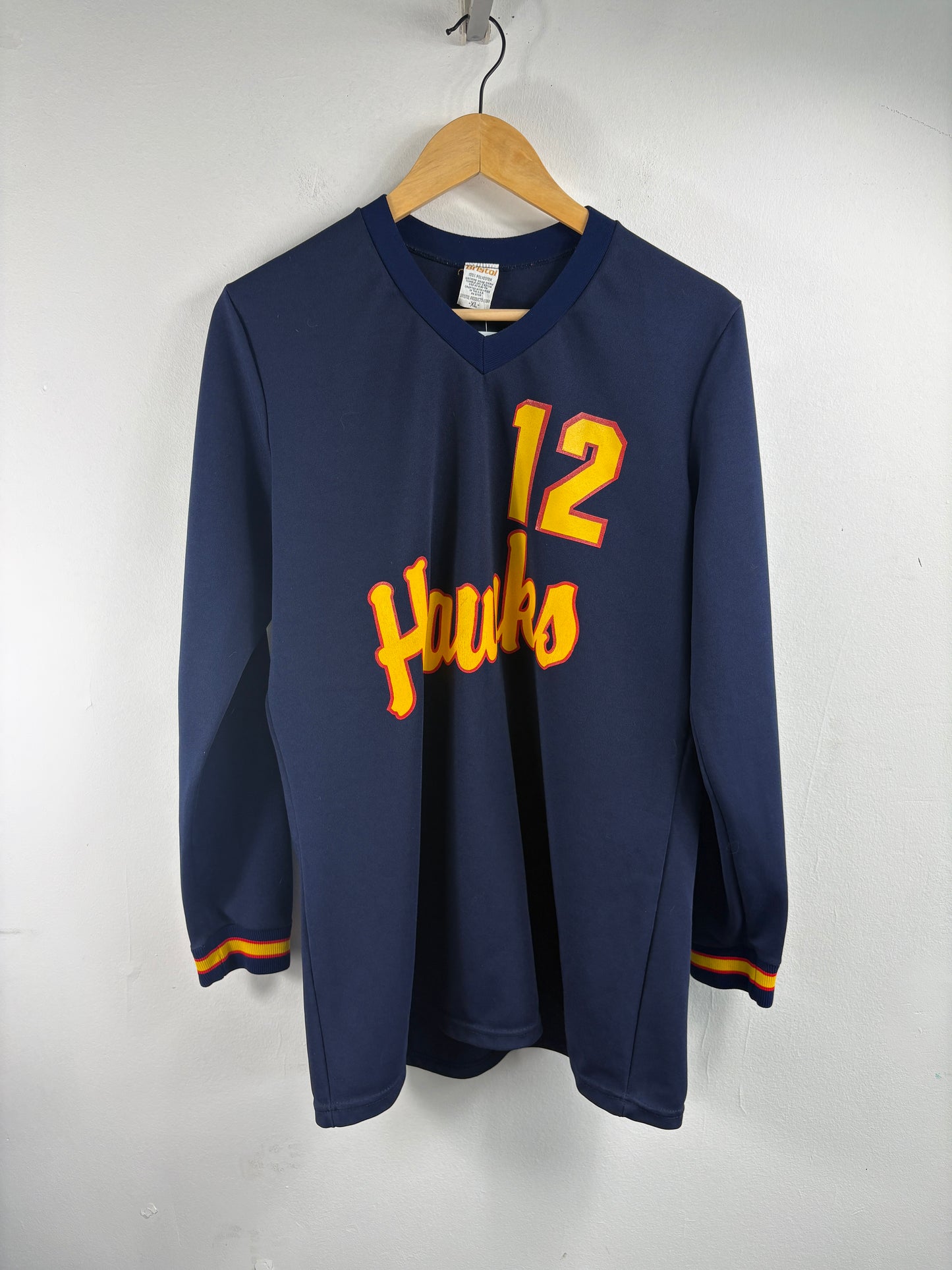 Hawks 12 Jersey Shirt | Vintage 1970s Navy Long Sleeve Athletic Top | Retro Team Uniform