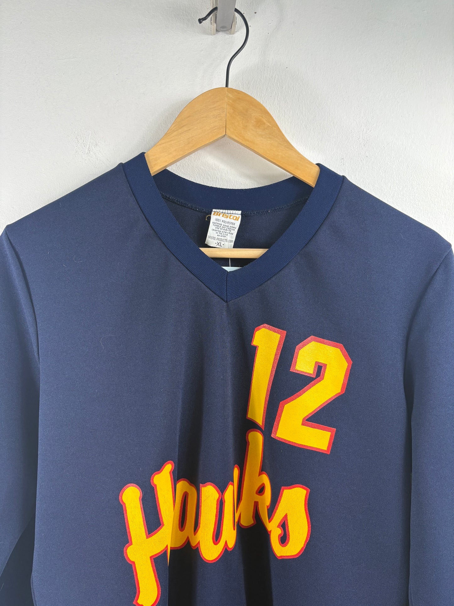 Hawks 12 Jersey Shirt | Vintage 1970s Navy Long Sleeve Athletic Top | Retro Team Uniform