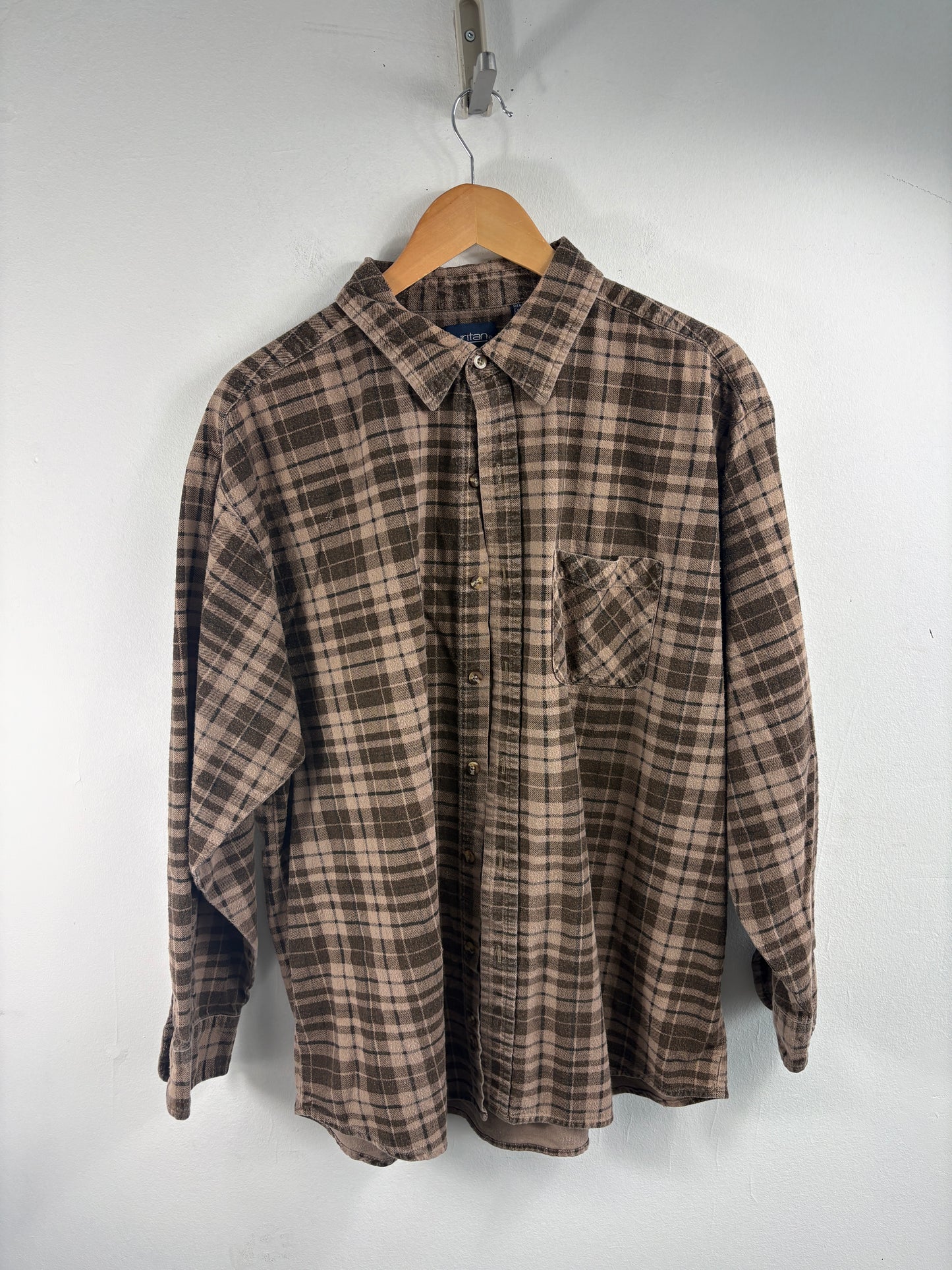 Puritan Plaid Button-Up Shirt | Vintage Brown Checkered Flannel Long Sleeve | Classic Casual Wear