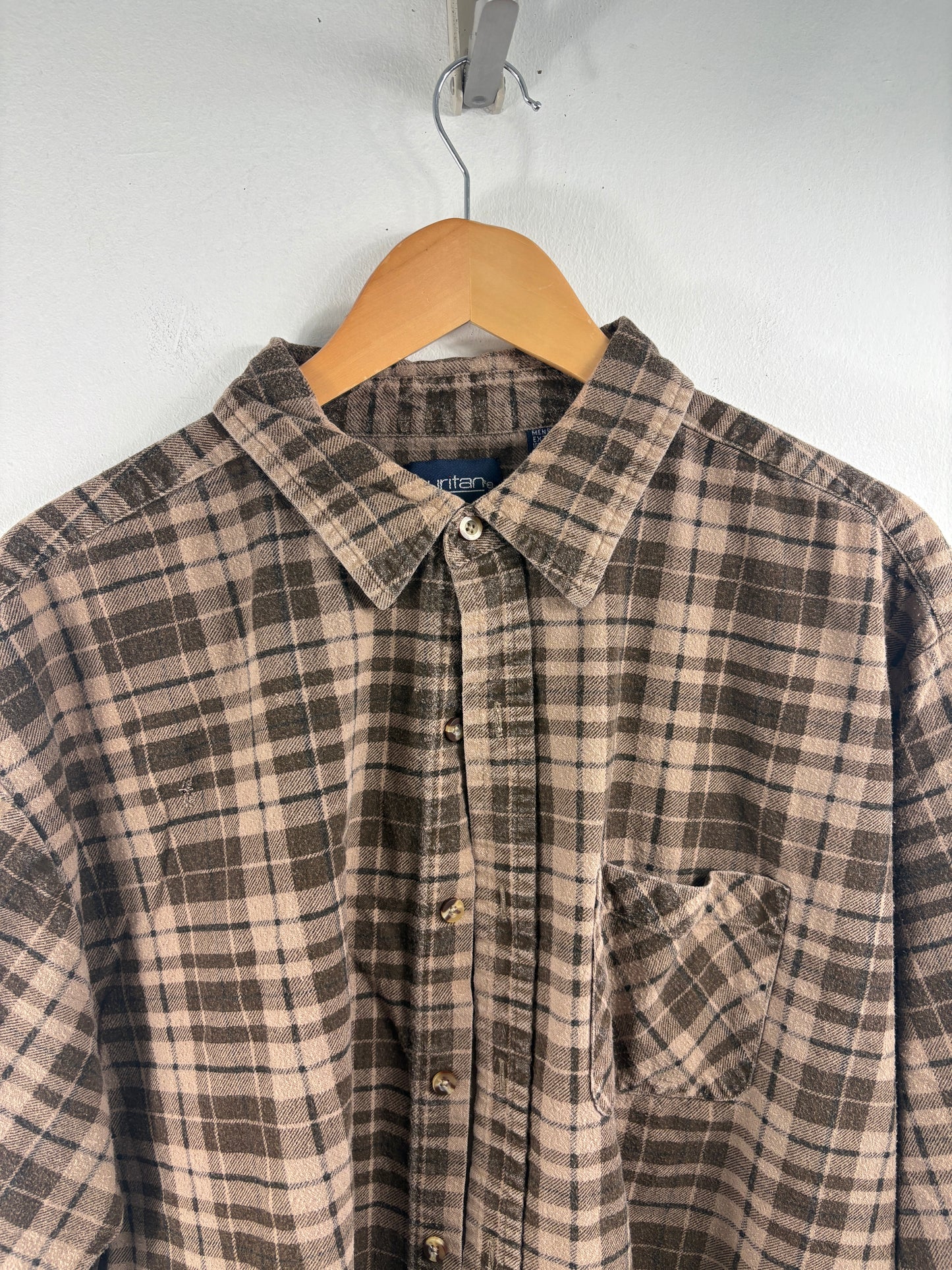 Puritan Plaid Button-Up Shirt | Vintage Brown Checkered Flannel Long Sleeve | Classic Casual Wear