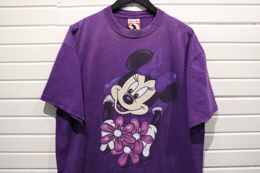 Mickey-Inc Minnie Mouse T-Shirt | Vintage '90s Cartoon Graphic Tee | Purple Minnie With Flowers