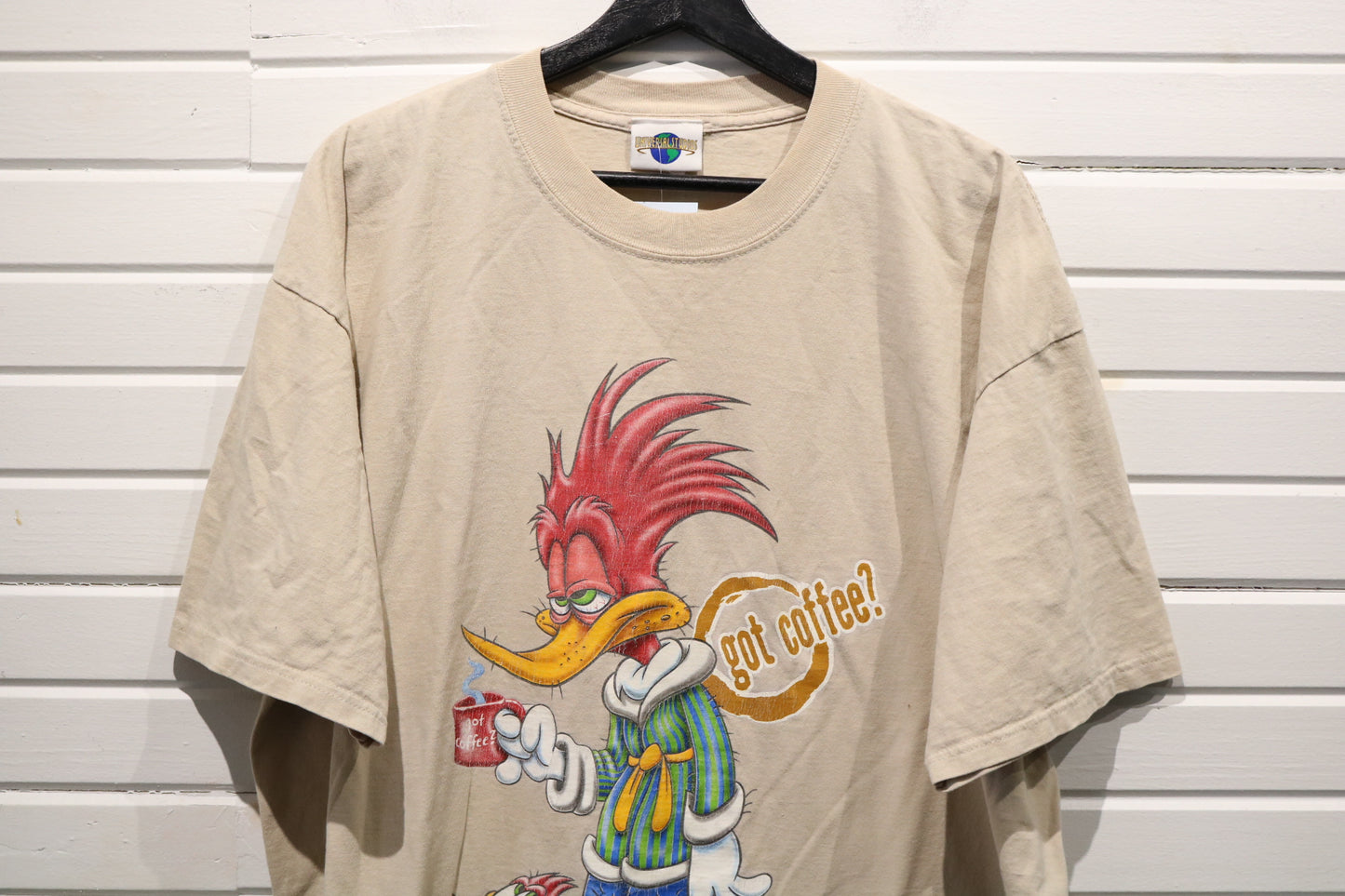 Universal-Studios Woody Woodpecker T-Shirt | Vintage 1990s Got Coffee Graphic Tee | Classic Cartoon Clothing
