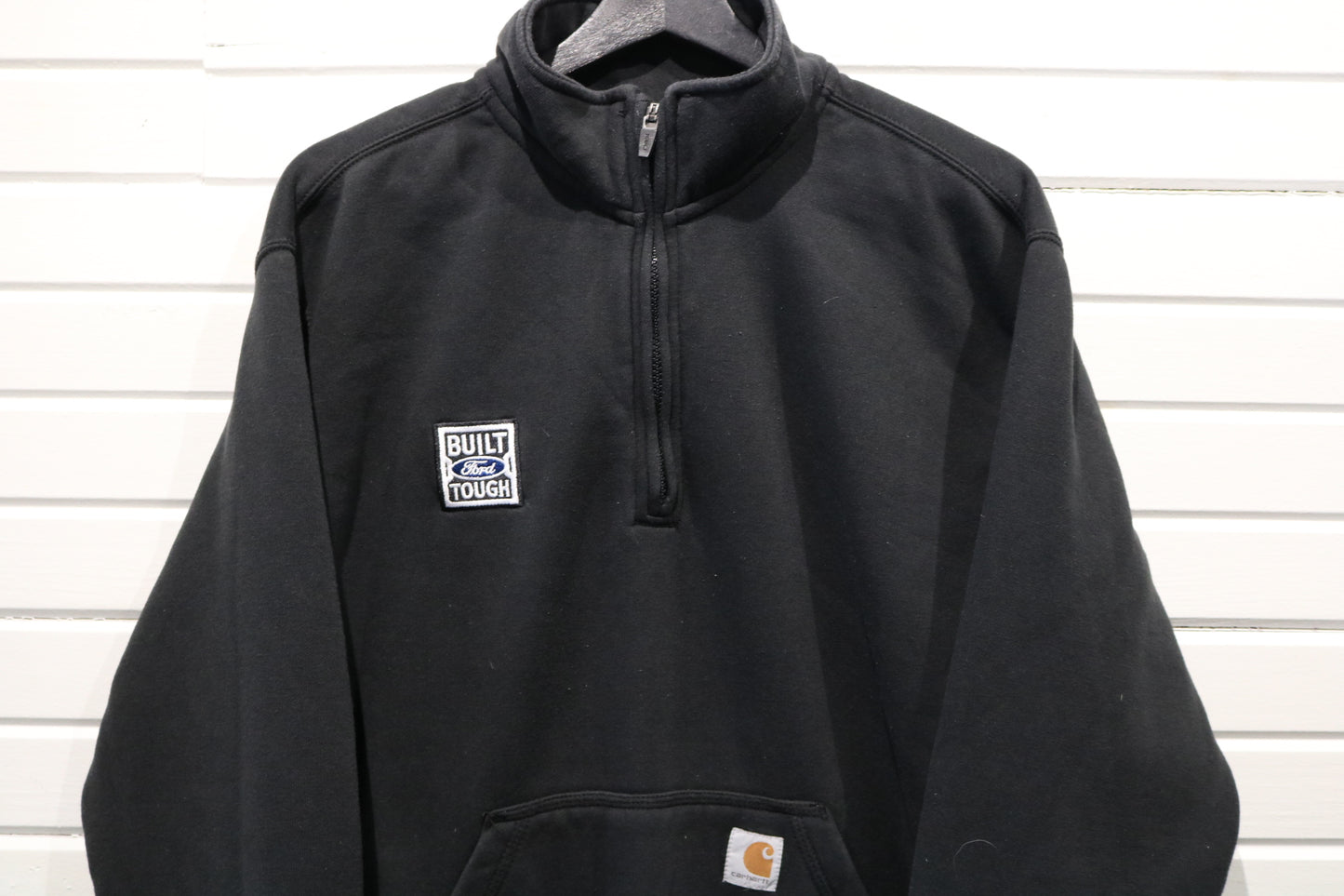 Carhartt Quarter-Zip Sweatshirt | Vintage Built-Ford-Tough Patch Loose Fit Workwear Pullover | Heavyweight Black Outerwear