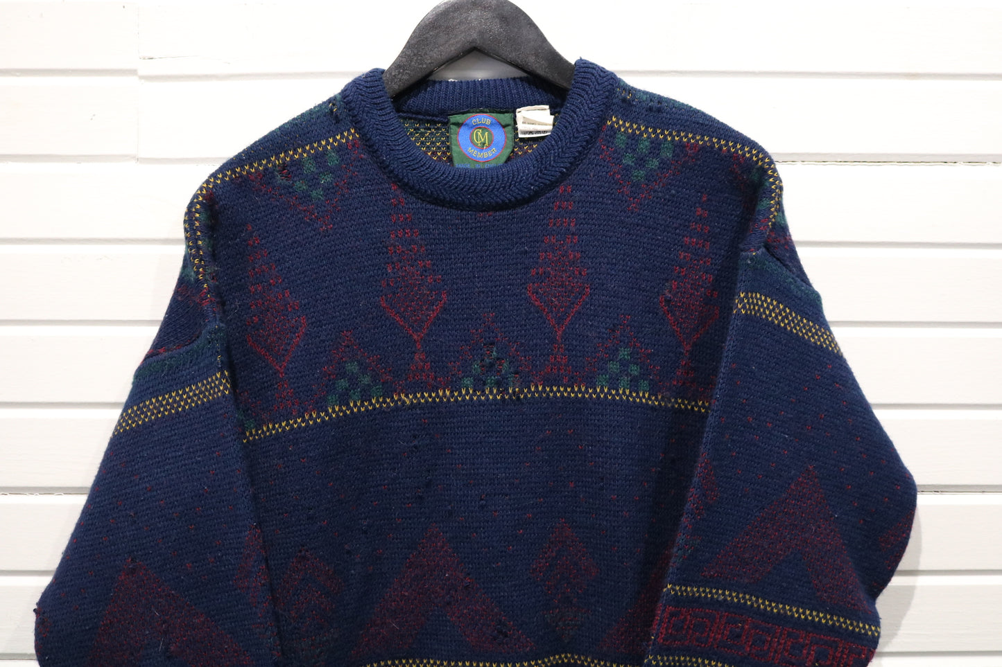 Club-Member Sweater | Vintage 1980s Geometric Pattern Knit Pullover | Classic Cozy Layer