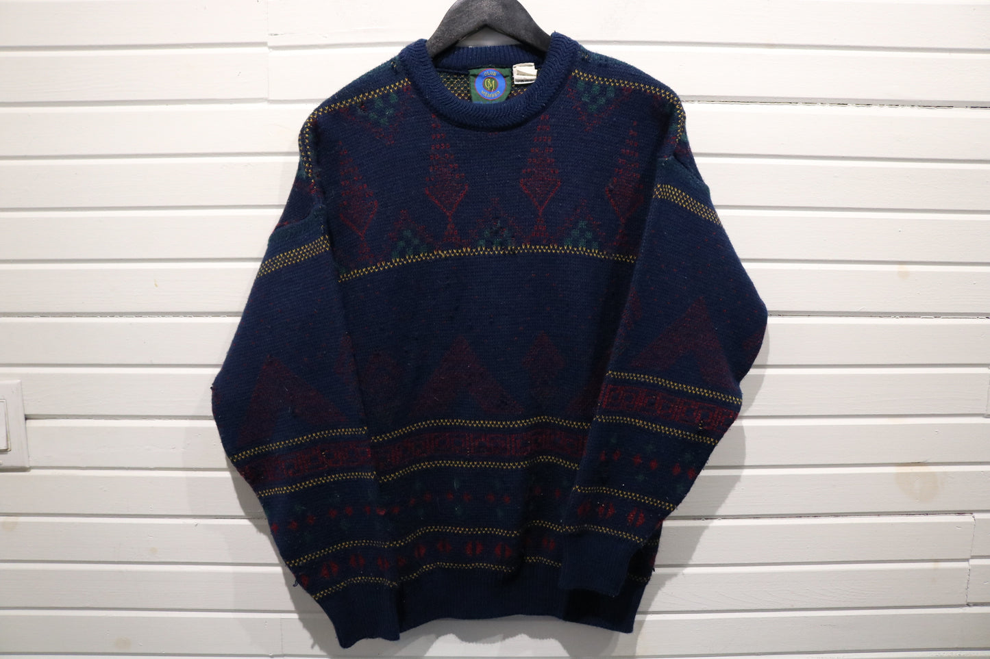Club-Member Sweater | Vintage 1980s Geometric Pattern Knit Pullover | Classic Cozy Layer