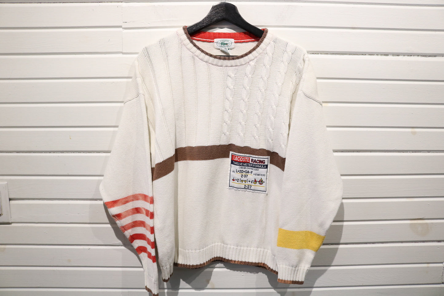 Lacoste Racing Knit Sweater | Vintage Sailing-Inspired Pullover with Stripe and Patch Details | Nautical Crewneck Sweater