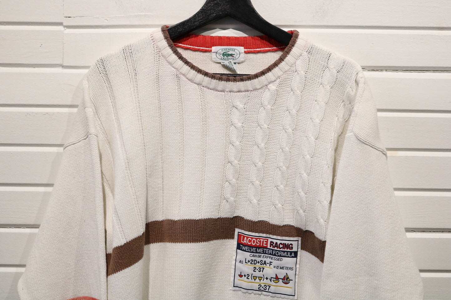 Lacoste Racing Knit Sweater | Vintage Sailing-Inspired Pullover with Stripe and Patch Details | Nautical Crewneck Sweater