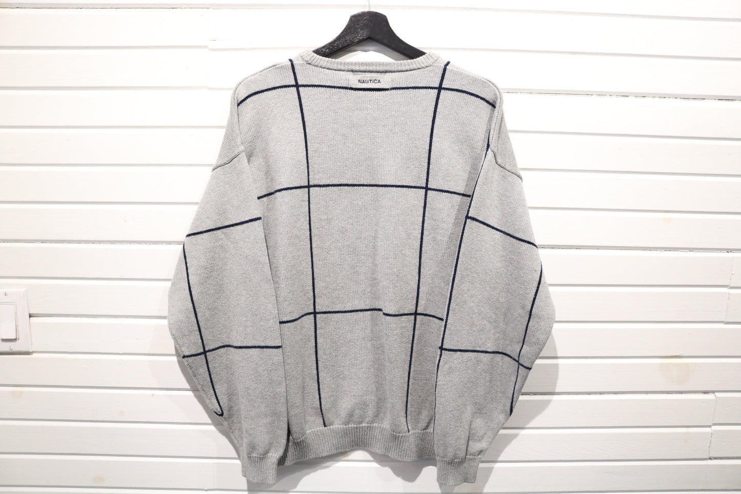 Nautica Knit Sweater | Vintage Windowpane Pattern Crewneck Pullover | Classic 90s Menswear