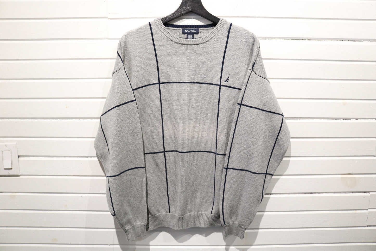 Nautica Knit Sweater | Vintage Windowpane Pattern Crewneck Pullover | Classic 90s Menswear