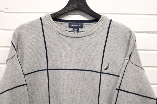 Nautica Knit Sweater | Vintage Windowpane Pattern Crewneck Pullover | Classic 90s Menswear