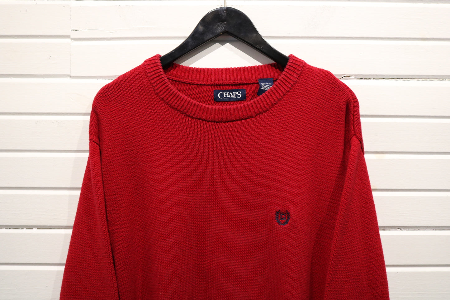 Chaps Knit Sweater | Vintage 90s Classic Red Pullover Crewneck | Embroidered Crest Knitwear