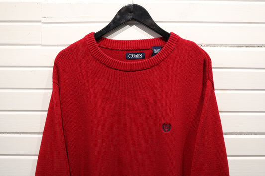 Chaps Knit Sweater | Vintage 90s Classic Red Pullover Crewneck | Embroidered Crest Knitwear