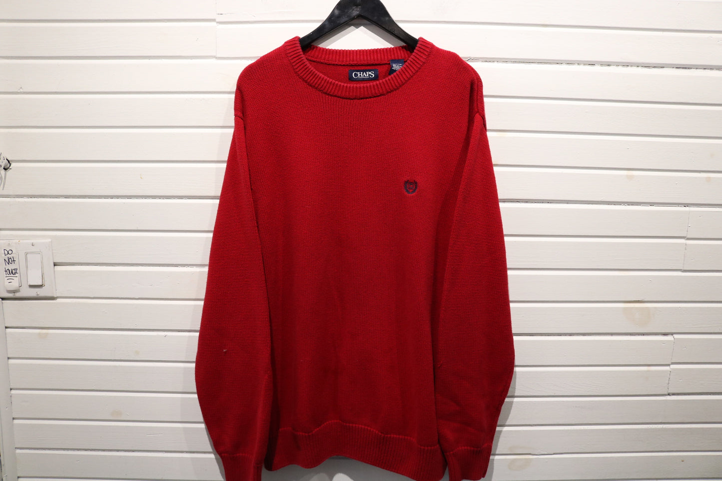 Chaps Knit Sweater | Vintage 90s Classic Red Pullover Crewneck | Embroidered Crest Knitwear