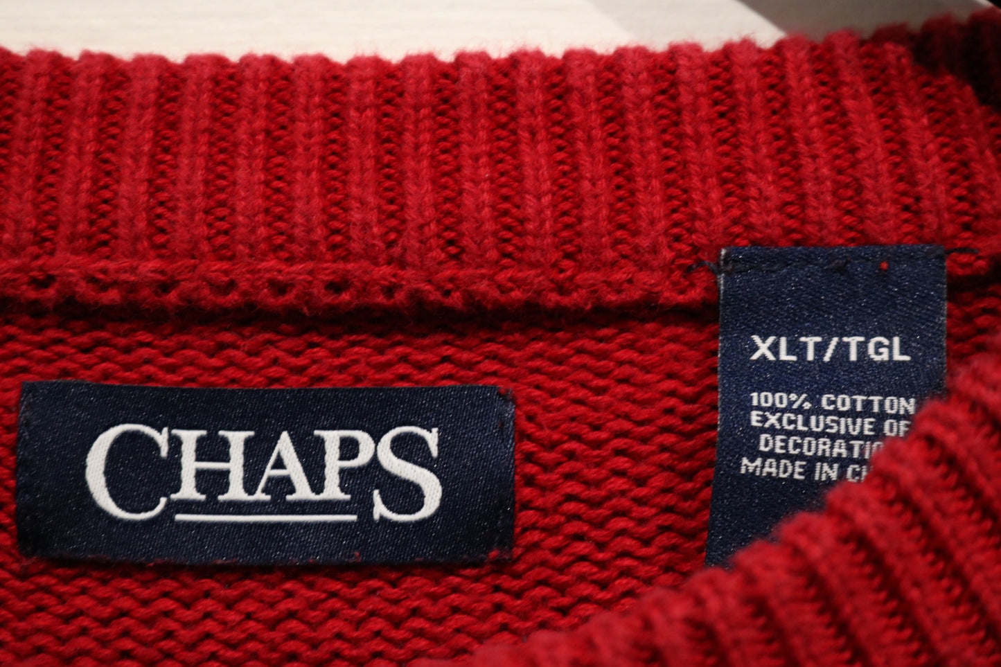 Chaps Knit Sweater | Vintage 90s Classic Red Pullover Crewneck | Embroidered Crest Knitwear
