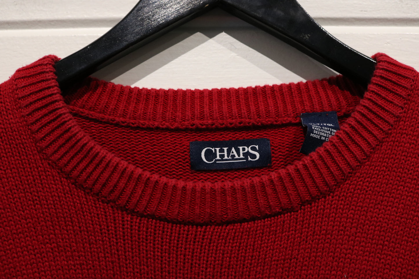 Chaps Knit Sweater | Vintage 90s Classic Red Pullover Crewneck | Embroidered Crest Knitwear