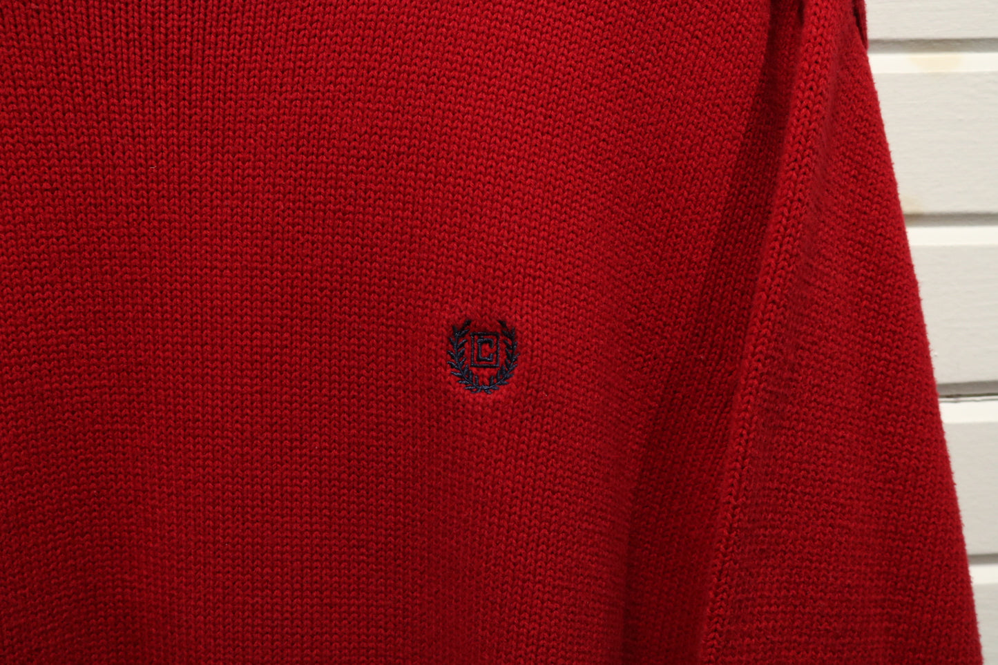 Chaps Knit Sweater | Vintage 90s Classic Red Pullover Crewneck | Embroidered Crest Knitwear
