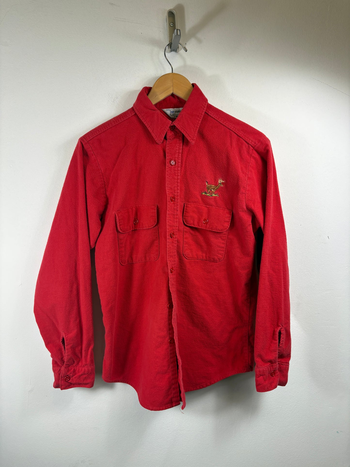Five-Brother Red Button-Up Shirt | Vintage 80s Deer Embroidery Flannel Work Shirt | Classic Outdoor Menswear