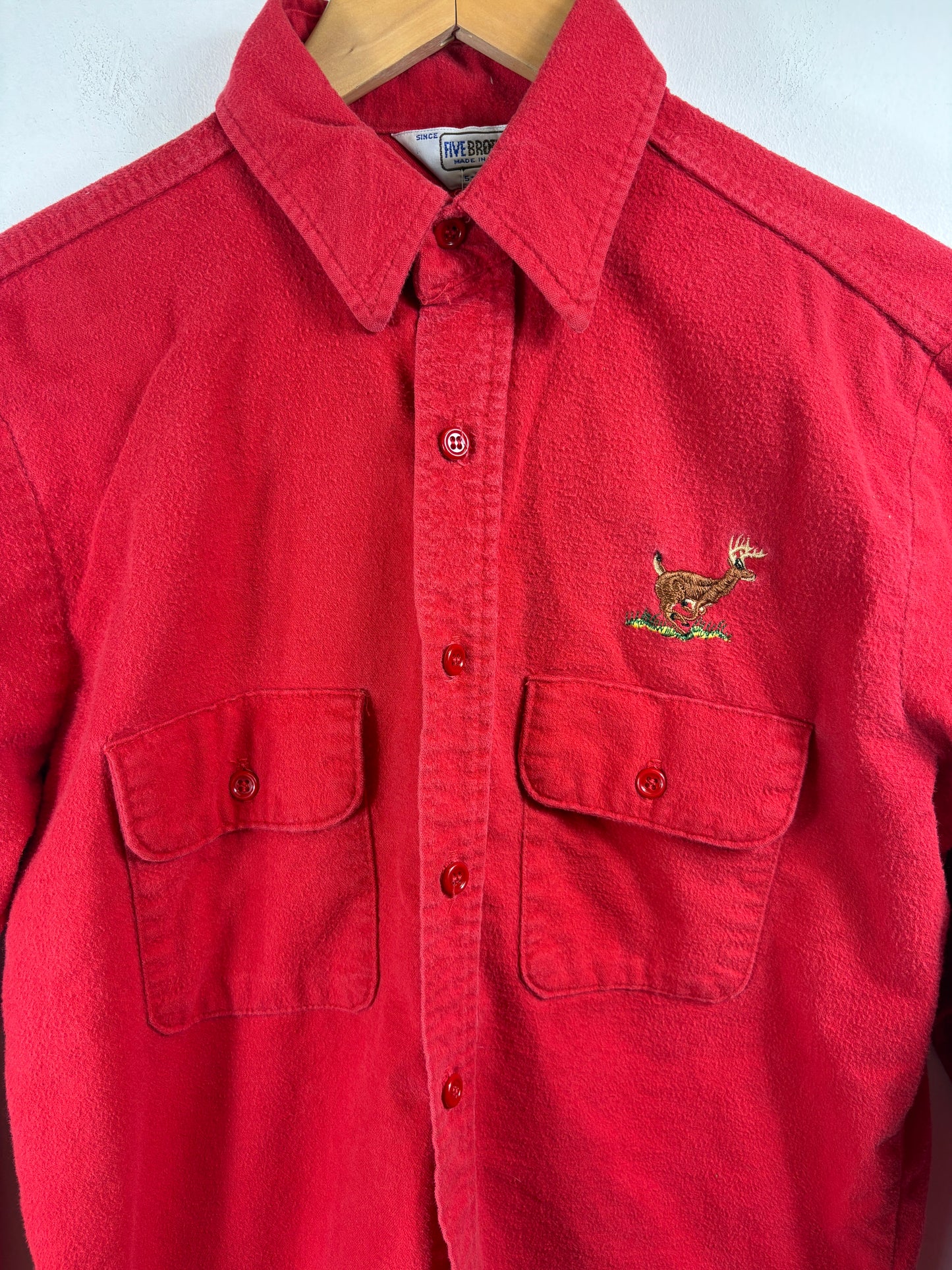 Five-Brother Red Button-Up Shirt | Vintage 80s Deer Embroidery Flannel Work Shirt | Classic Outdoor Menswear