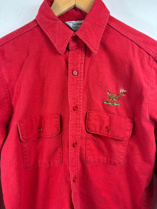 Five-Brother Red Button-Up Shirt | Vintage 80s Deer Embroidery Flannel Work Shirt | Classic Outdoor Menswear