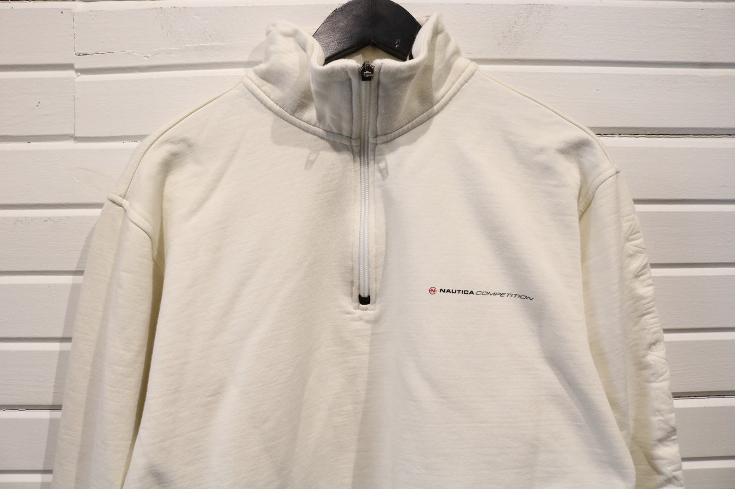 Nautica-Competition Quarter-Zip Sweatshirt | Vintage 90s Cream Pullover Top | Minimalist Embroidered Fleece