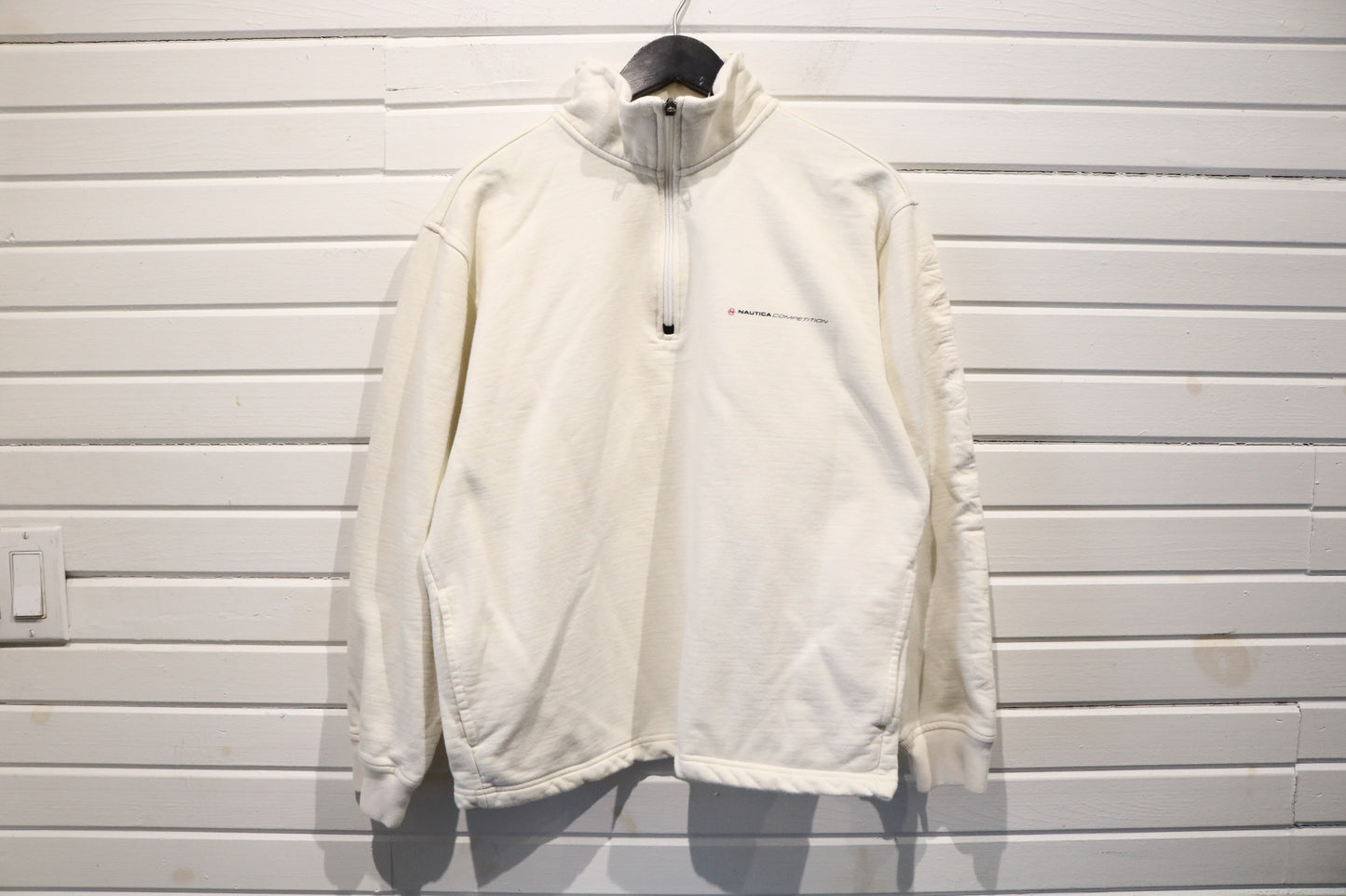 Nautica-Competition Quarter-Zip Sweatshirt | Vintage 90s Cream Pullover Top | Minimalist Embroidered Fleece