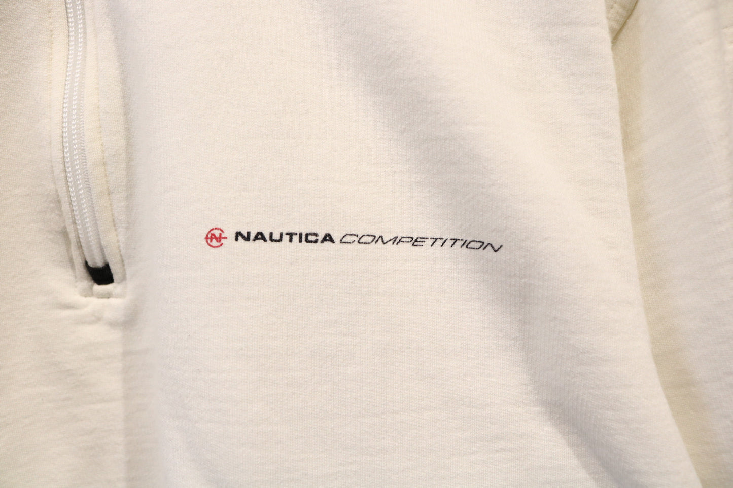 Nautica-Competition Quarter-Zip Sweatshirt | Vintage 90s Cream Pullover Top | Minimalist Embroidered Fleece