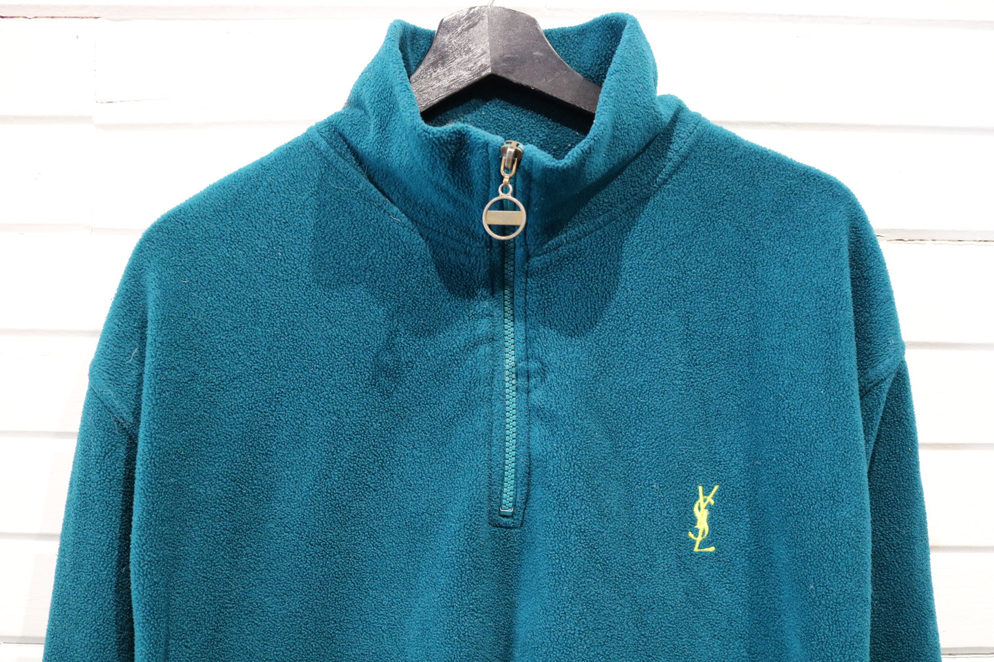 Yves-Saint-Laurent Fleece Pullover | Vintage 90s Teal Half-Zip Sweatshirt | Classic Logo Outdoor Layer