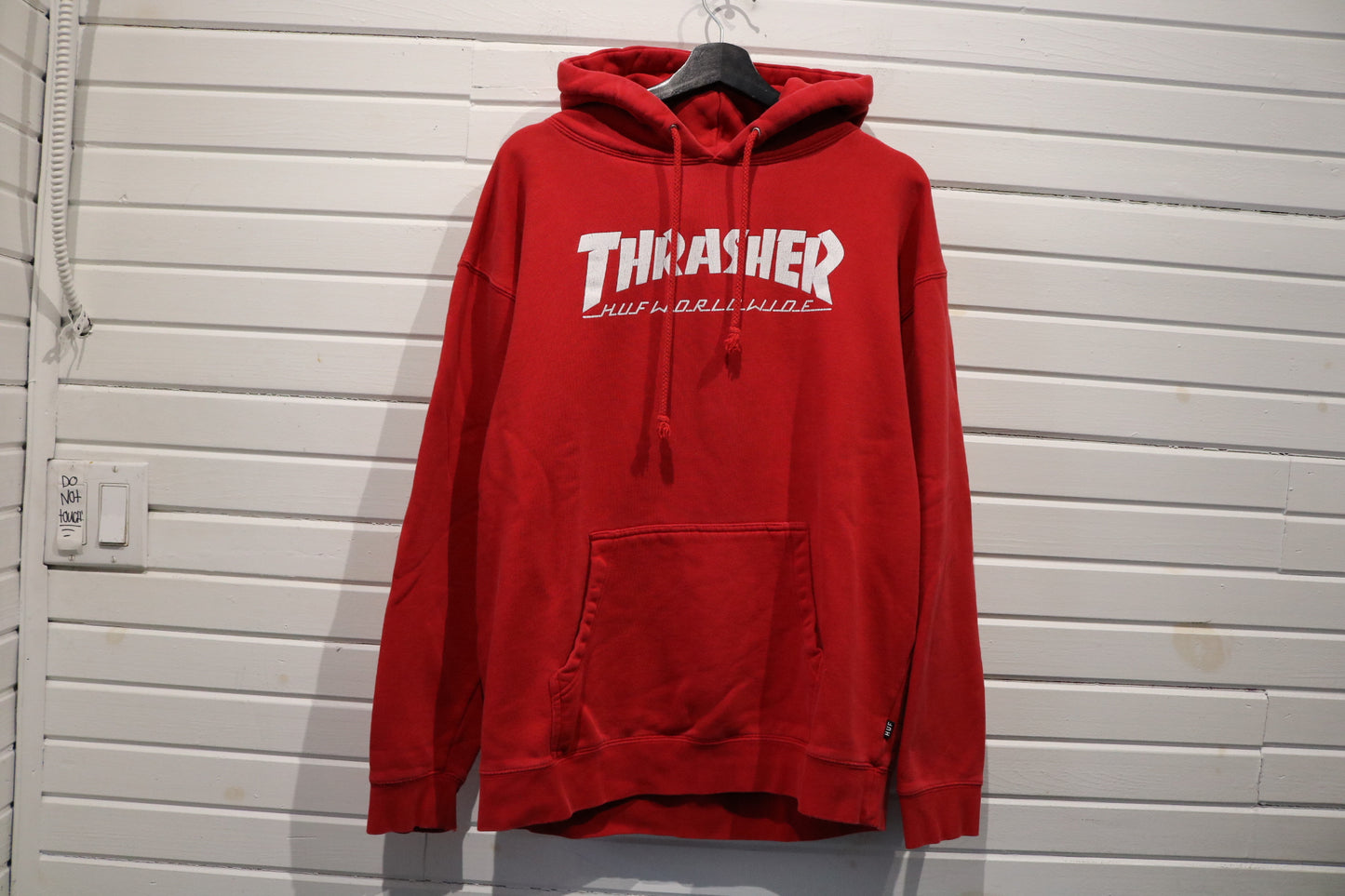 HUF Thrasher Hoodie | Vintage 2010s Red Graphic Pullover Sweatshirt | Skateboarding Streetwear