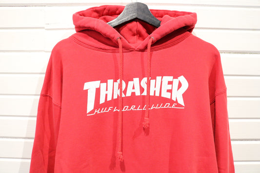 HUF Thrasher Hoodie | Vintage 2010s Red Graphic Pullover Sweatshirt | Skateboarding Streetwear