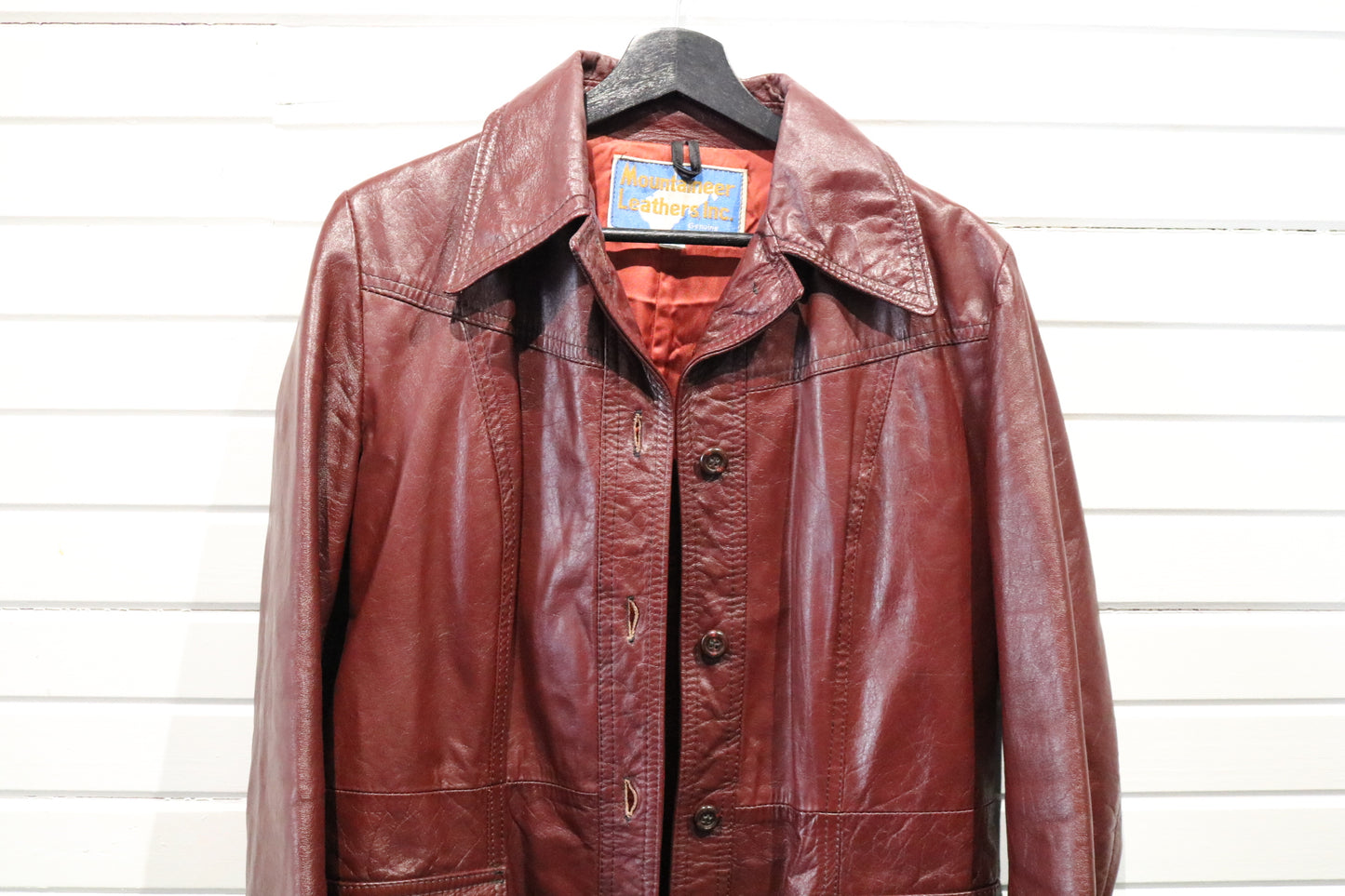 Mountaineer-Leathers Inc Burgundy Leather Jacket | Vintage 1970s Long Button-Up Coat | Classic Outerwear