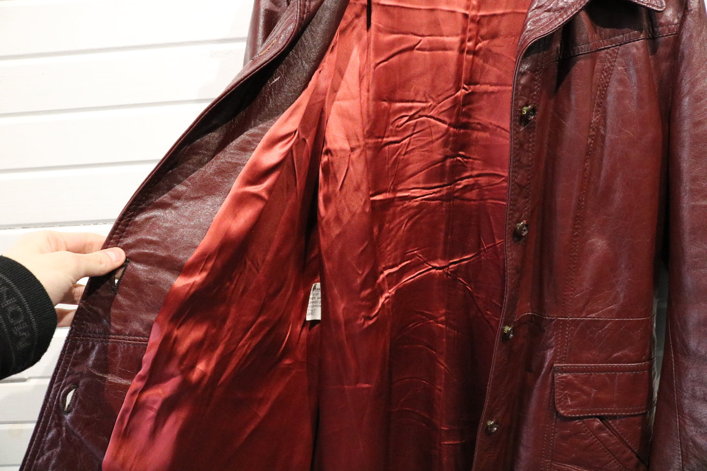 Mountaineer-Leathers Inc Burgundy Leather Jacket | Vintage 1970s Long Button-Up Coat | Classic Outerwear