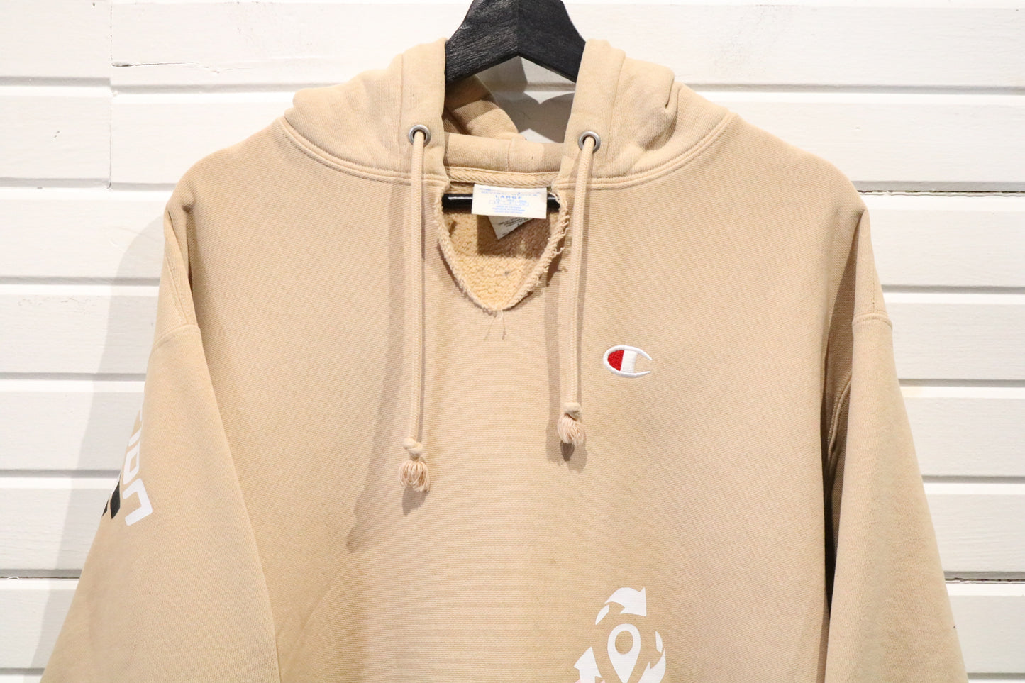 Champion Reverse-Weave Hoodie | Vintage Graphic Tan Sweatshirt | Relocation Staff Print Size Large