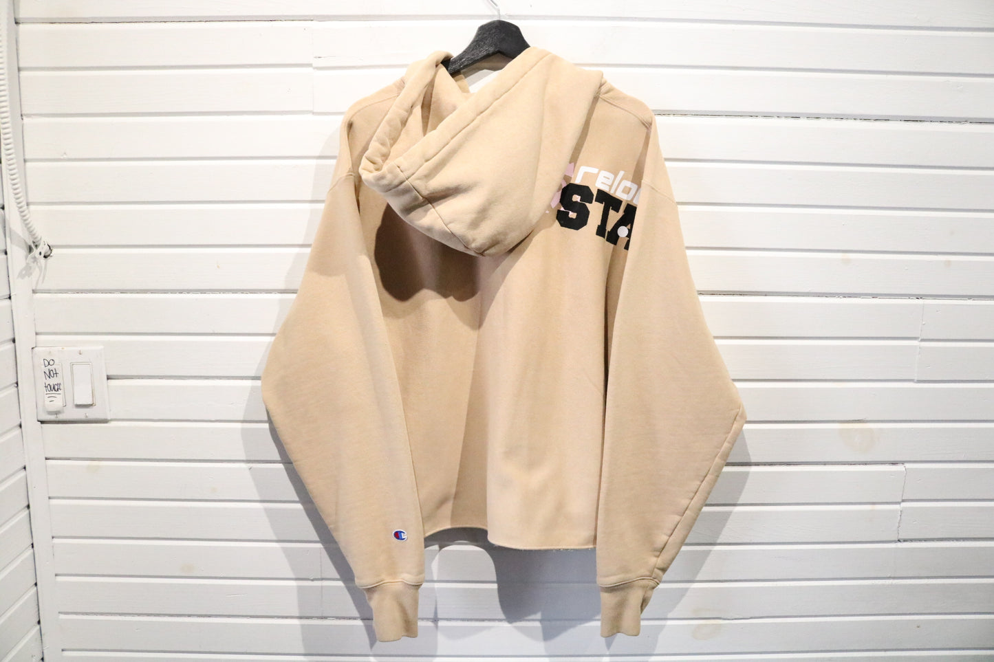 Champion Reverse-Weave Hoodie | Vintage Graphic Tan Sweatshirt | Relocation Staff Print Size Large