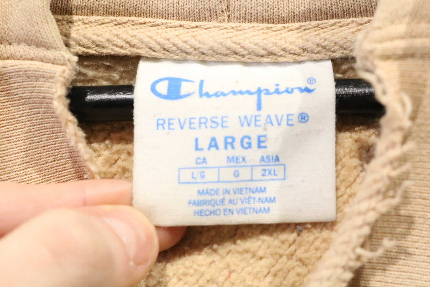 Champion Reverse-Weave Hoodie | Vintage Graphic Tan Sweatshirt | Relocation Staff Print Size Large