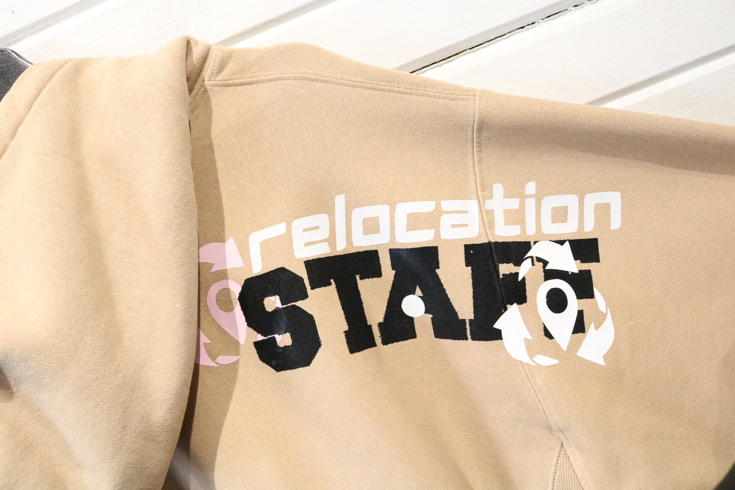 Champion Reverse-Weave Hoodie | Vintage Graphic Tan Sweatshirt | Relocation Staff Print Size Large
