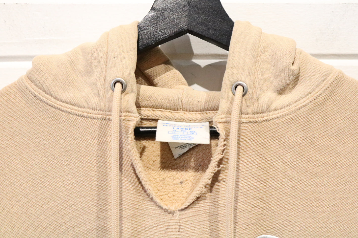 Champion Reverse-Weave Hoodie | Vintage Graphic Tan Sweatshirt | Relocation Staff Print Size Large