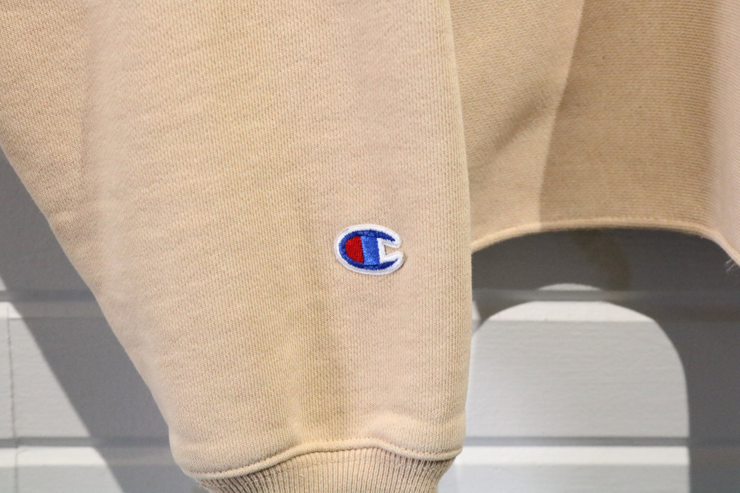 Champion Reverse-Weave Hoodie | Vintage Graphic Tan Sweatshirt | Relocation Staff Print Size Large