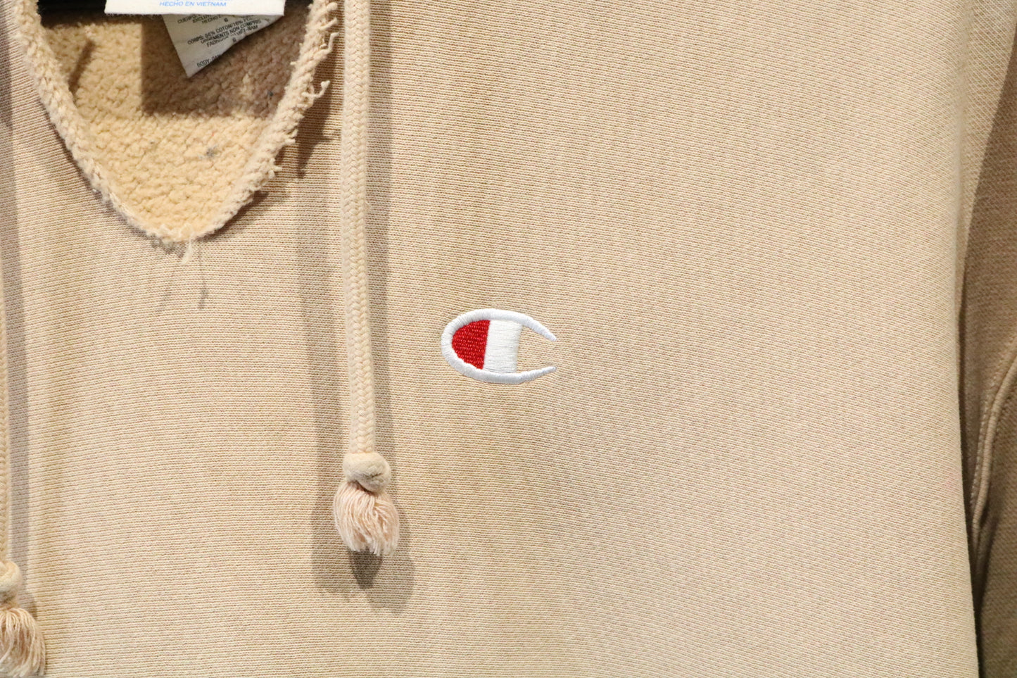 Champion Reverse-Weave Hoodie | Vintage Graphic Tan Sweatshirt | Relocation Staff Print Size Large