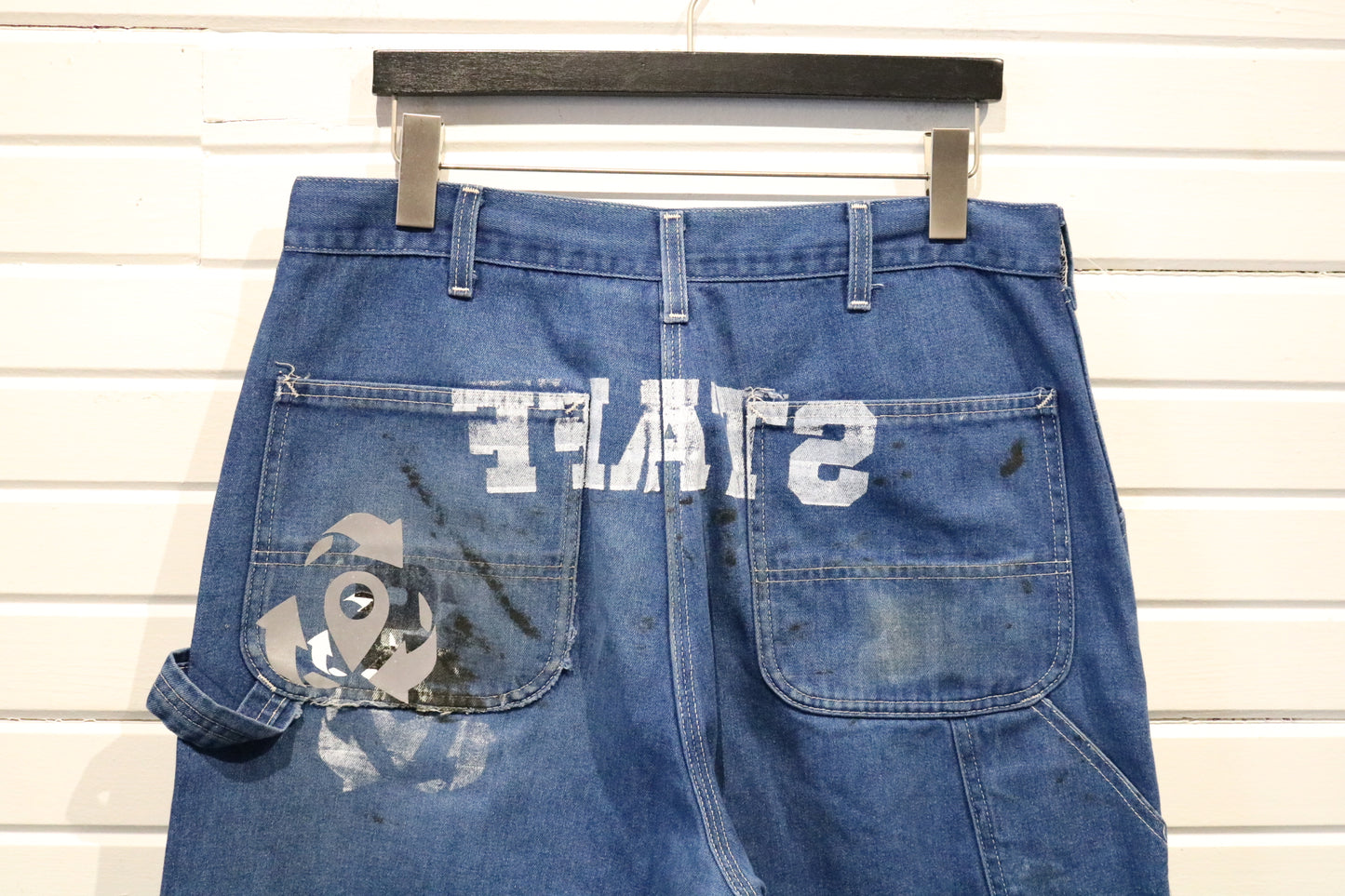 Roebucks Denim Work Pants | Vintage 1990s Paint-Splatter Graphic Utility Jeans | Distressed Carpenter Style