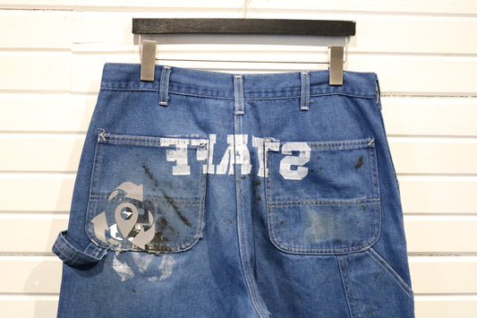 Roebucks Denim Work Pants | Vintage 1990s Paint-Splatter Graphic Utility Jeans | Distressed Carpenter Style
