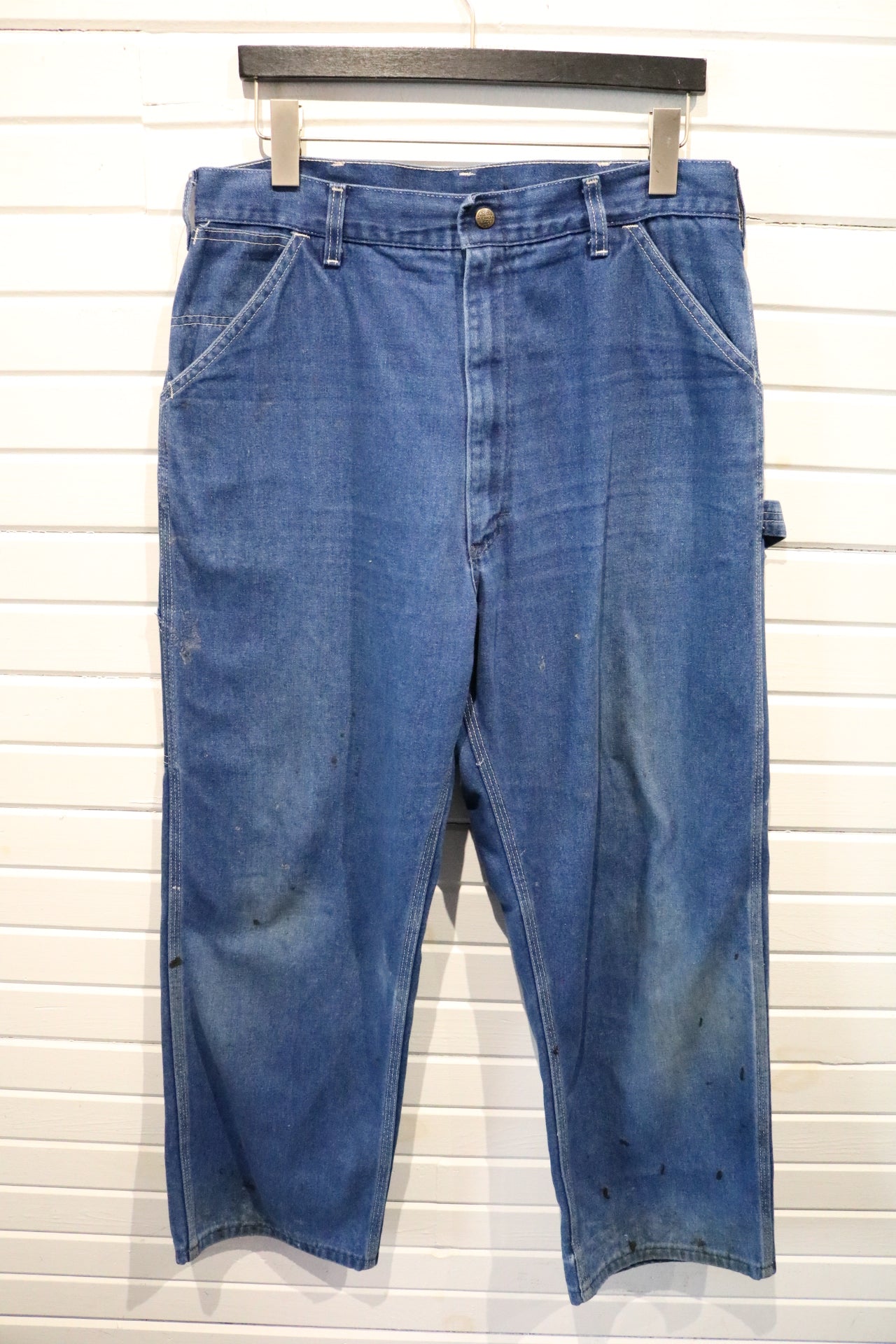 Roebucks Denim Work Pants | Vintage 1990s Paint-Splatter Graphic Utility Jeans | Distressed Carpenter Style