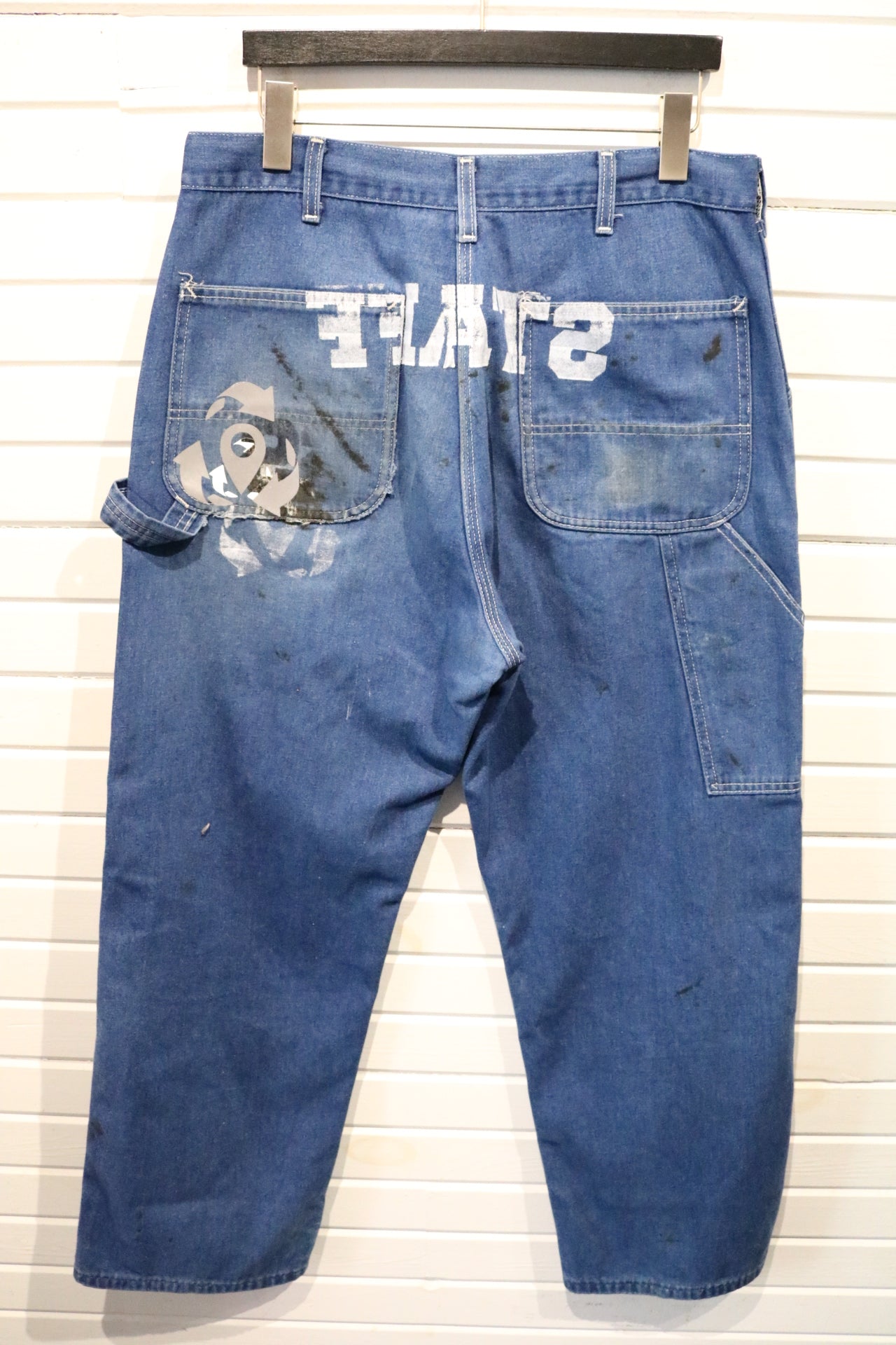 Roebucks Denim Work Pants | Vintage 1990s Paint-Splatter Graphic Utility Jeans | Distressed Carpenter Style
